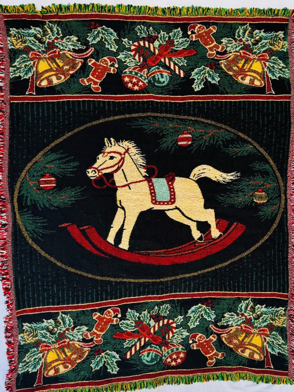 Vtg The Northwest Co. 1996 Chirstmas Throw Blanket 56x45" Rocking Horse Tapestry